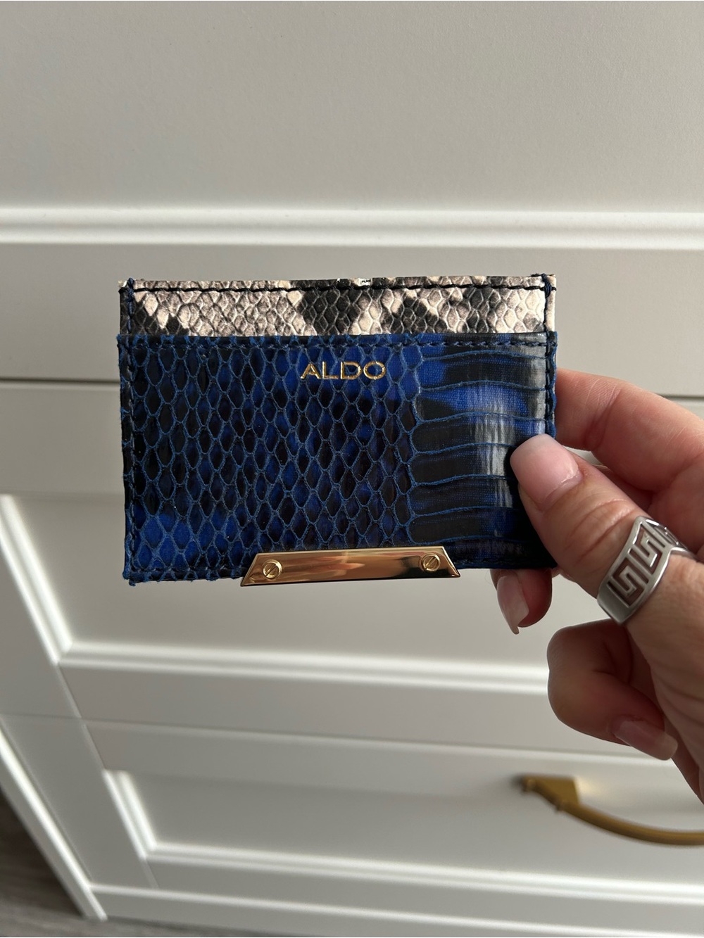 Aldo Blue Snakeskin Card Holder with Gold Hardware